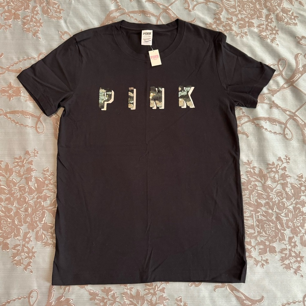 Victoria's Secret PINK Bling Short Sleeve Black Tee Shirt Women Size Small